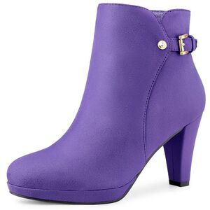Low Platform Zip Buckle Chunky Heel Ankle Booties Purple